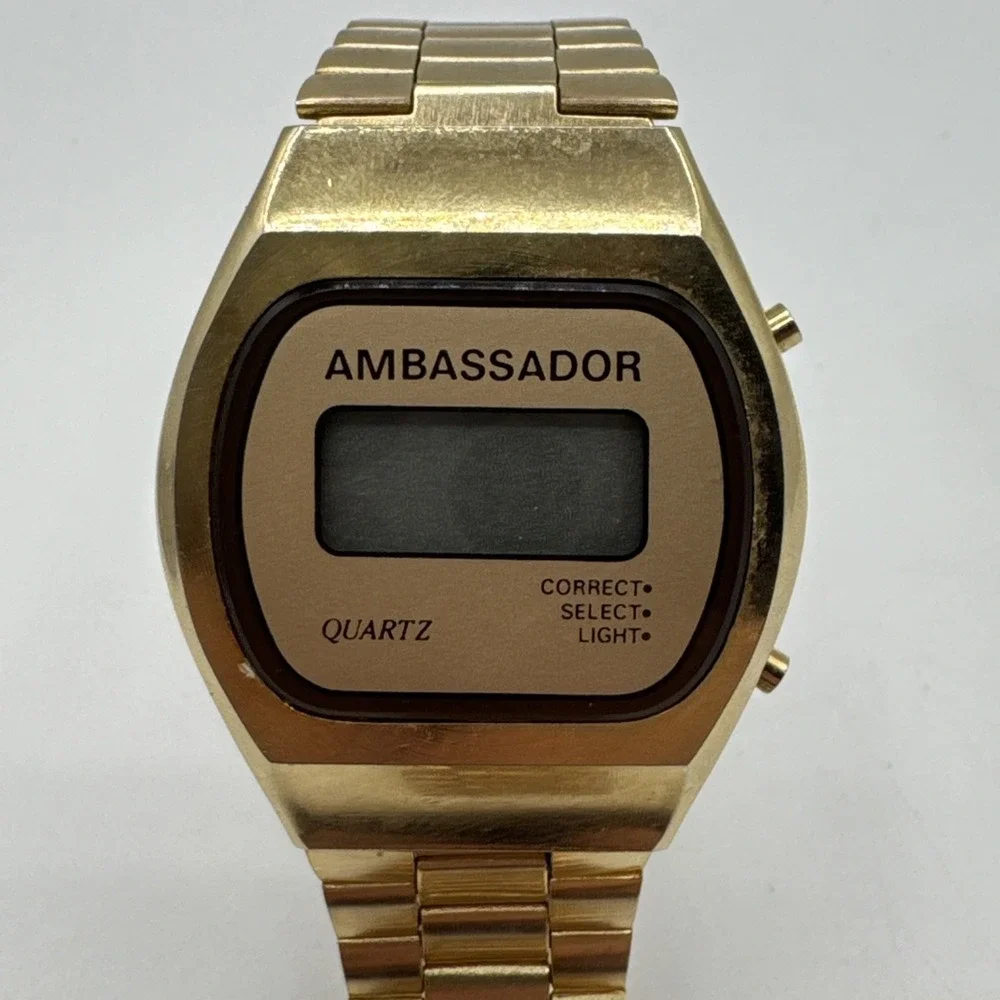 VERY RARE Vintage Authentic AMBASSADOR Digital LCD‎ Quartz Gold Wristwatch WORKS